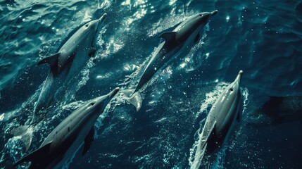 Dolphins swimming near ocean surface. Marine life and aquatic mammals concept