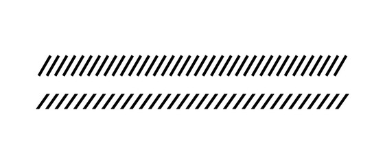Slash line. Border with diagonal lines. Angle of tilt stripes. Black pattern of footer. Diagonal parallel lines divider strip. Tilt strip geometric abstract border. Slash divider. Vector illustration
