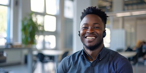 Communication and chat in office or workspace by black man with headset and smiling. African American tutor, webinar, and hot line operator consultant, company, and telemarketing. - obrazy, fototapety, plakaty