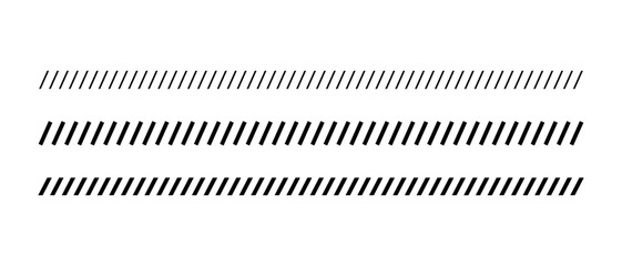 Slash line. Border with diagonal lines. Angle of tilt stripes. Black pattern of footer. Diagonal parallel lines divider strip. Tilt strip geometric abstract border. Slash divider. Vector illustration