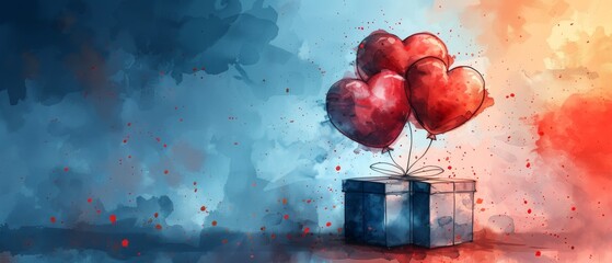 Watercolor style illustration of a present box with hearts balloons, ideal for making cards and prints