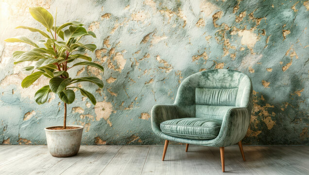 Elegant green chair beside a leafy plant against a textured wall creates a cozy and stylish interior ambiance.