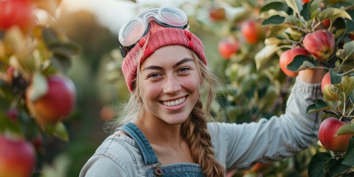 Happy girl collecting apples from a tree. A happy woman harvesting apples in an orchard. Farm-fresh red apples. Farmers picking fruit from trees