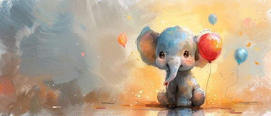 A cute baby elephant with air balloons, watercolor illustration, good for cards and prints. - obrazy, fototapety, plakaty