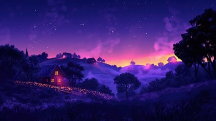fairytale cute house on nature landscape at night time under starry night sky, Children's book cartoon style illustration, cute cheerful positive happy atmosphere, Generative Ai