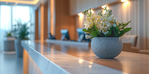 Pot with flowers on hotel reception table
