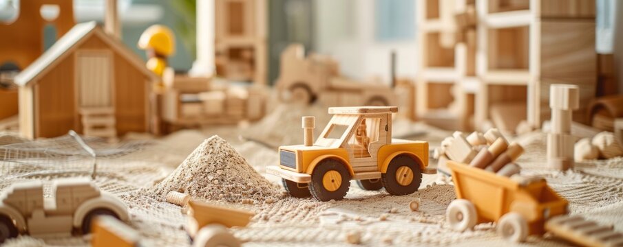Wooden toy tractor with a pile of sand on a beige carpet, children's room. Studio photo with toys and construction concept