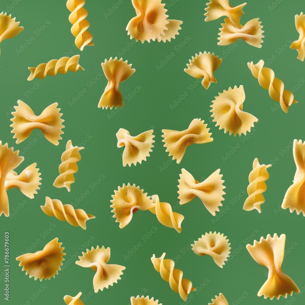 Poster various types of pasta floating in the air, suitable for food or cooking concepts