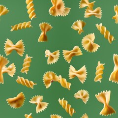 Various types of pasta floating in the air, suitable for food or cooking concepts