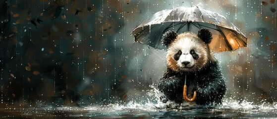Cartoon cartoon illustration of a panda under an umbrella, good for cards, prints, and t-shirts