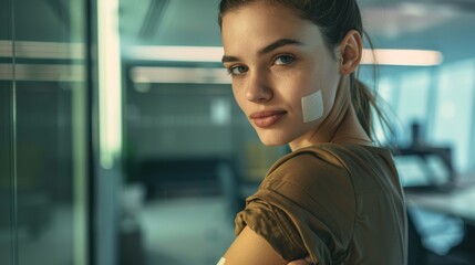 Covid, vaccination, and bandaid on hospitalized woman's arm for health and medication. Healthcare, virus and flu injection with female patient, plaster for first aid, sick, or clinic therapy - obrazy, fototapety, plakaty