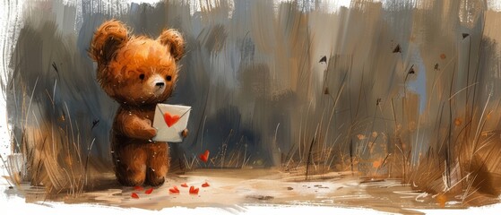 A cartoon bear postman with a letter, romantic watercolor illustration, excellent for card and print design
