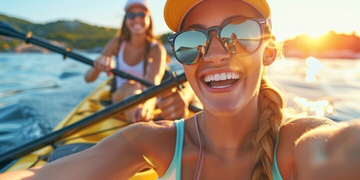 Summer vacation selfies and lake kayaking with two joyful buddies. Happy, playful women enjoying water activities in nature. Weekend kayaking fun