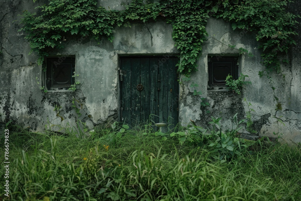 Poster an old building featuring a green door and windows. suitable for architectural projects