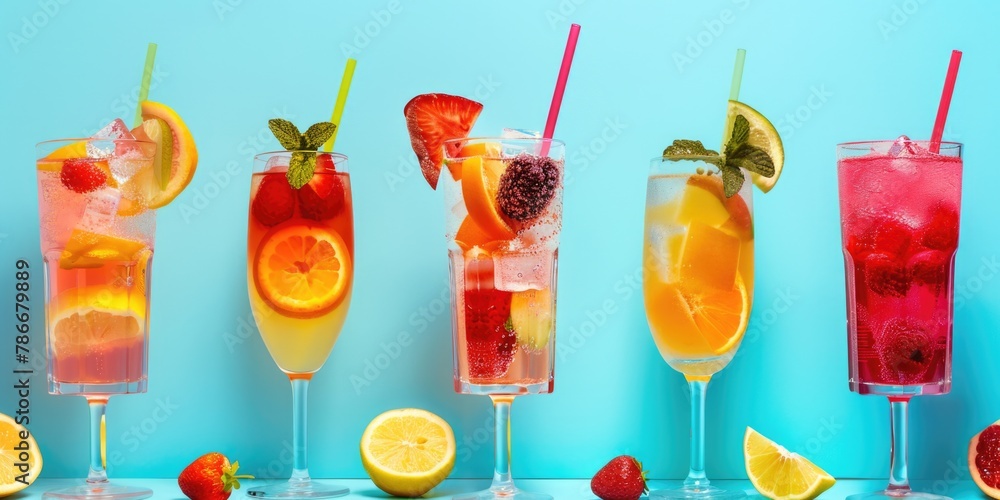 Poster Row of glasses filled with different types of drinks, suitable for menus or bar advertisements