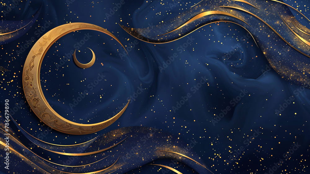 Wall mural Illustration for eid al-fitr with golden crescent moon on  blue background and gold sparkles