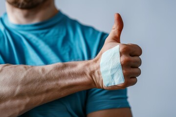 Show shoulder, thumbs up, or vaccine for covid safety, immunization, or illness prevention. Closeup, immunization or hand motion for positive reaction, corona injection or booster - obrazy, fototapety, plakaty