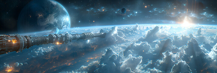 Artwork of a Space Elevator 3D Image,
Interstellar expedition encountering an alien mega