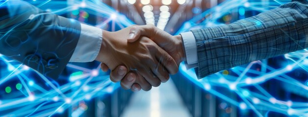 Handshake in Data Center Amongst Network Cables, Symbolizing Tech Partnerships - obrazy, fototapety, plakaty