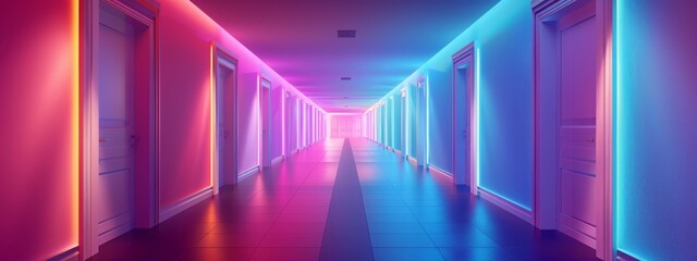 Neon-lit corridor with a gradient of pink and blue lights creating a futuristic and surreal atmosphere. Concept of modern design, nightlife, and imagination.
