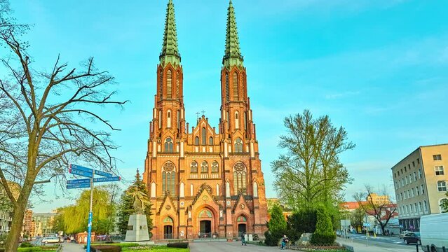 WARSAW, POLAND - APRIL 15 2018: St. Florian's Cathedral, more formally known as Cathedral of St. Michael Archangel and St. Florian Martyr, is Catholic church and historic landmark dominate.