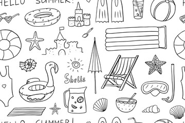 Seamless pattern of summer time theme elements. Beach umbrella, shells, sun, sand castles. Travel design. Adventure. Hand drawn. Doodle style. Great for poster, banner, wallpaper