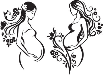 Vector beautiful pregnant women exquisite series. Creative illustrations of long haired pregnant ladies with flowers, butterflies and ornaments. Beauty, motherhood, health and decoration concept.