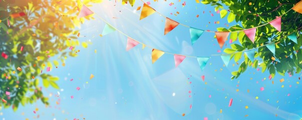 Colorful banners of colorful flags and garlands on a blue sky background with green tree leaves, in the style of a summer festival concept Generative AI
