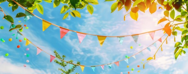 Colorful banner with colorful bunting flags and green tree leaves on a blue sky background, creating a summer party concept Generative AI - obrazy, fototapety, plakaty