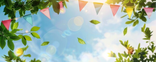 Colorful banner with colorful bunting and green leaves on a blue sky background, creating a summer party concept Generative AI - obrazy, fototapety, plakaty