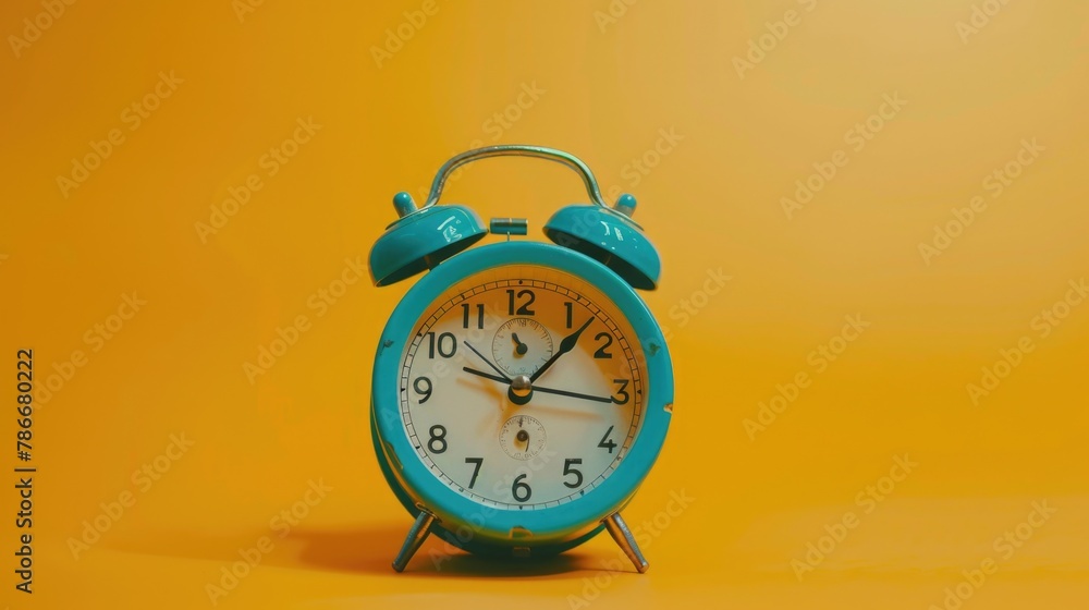 Poster simple blue alarm clock on bright yellow background. perfect for time management concepts