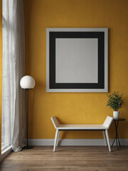 Fototapeta premium Mockup frame in modern yellow interior room design, 3D render style. illustration generative ai