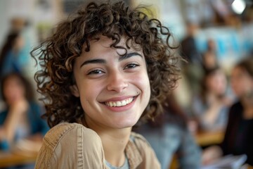 Confident Teenage Girl with Curly Hair Smiling in Classroom, Close-Up on Happiness and Diversity in Education