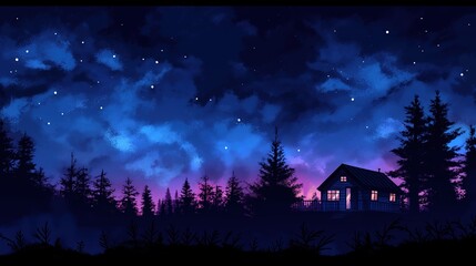Fototapeta premium fairytale cute house on nature landscape at night time under starry night sky, Children's book cartoon style illustration, cute cheerful positive happy atmosphere, Generative Ai