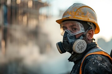 Fototapeta premium A close-up portrait of a dedicated construction worker wearing a dirt-speckled yellow safety helmet and protective respirator goggles on a construction site. 