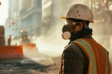 A close-up portrait of a dedicated construction worker wearing a dirt-speckled yellow safety helmet and protective respirator goggles on a construction site.  - obrazy, fototapety, plakaty