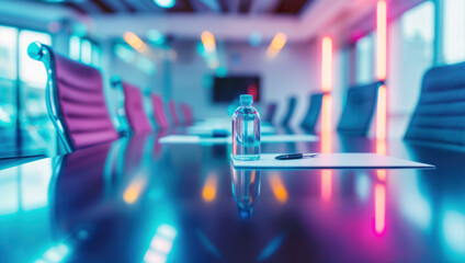 Modern conference with neon lighting table with water bottle and aligned. Professional and contemporary design ambient atmosphere. - obrazy, fototapety, plakaty