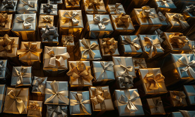 A large pile of gold and silver wrapped presents. The presents are all different sizes and shapes, but they all have the same golden and silver wrapping. 