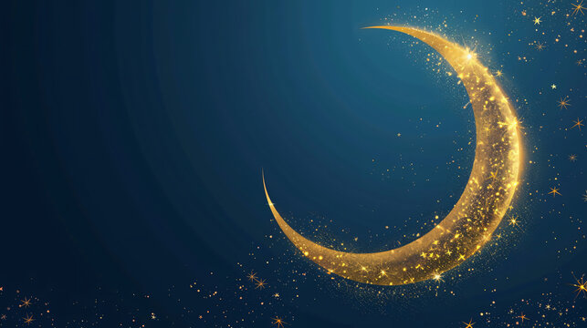 Illustration for eid al-fitr with golden crescent moon on blue background and gold sparkles