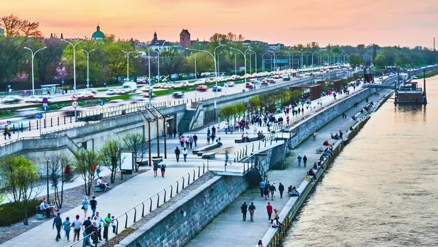 WARSAW, POLAND - APRIL 15 2018: Gdansk coast with car roads, running, cycling and walking paths around Vistula River, Warsaw, Poland.