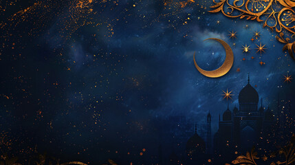 Obraz na płótnie Canvas Illustration for eid al-fitr with golden crescent moon on blue background and gold sparkles