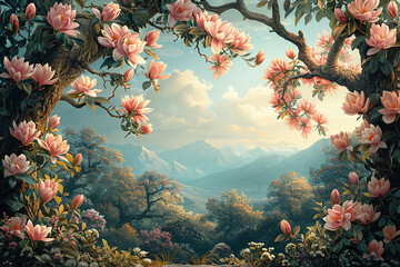 Magnolia Tree Blossom in Enchanted Garden: A Flowery Illustration