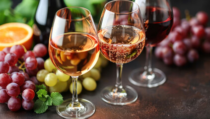 Three glasses of wine red and sparkling rose with grapes and orange slice on a dark elegant background. - obrazy, fototapety, plakaty