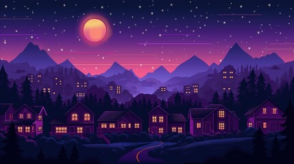 Naklejka premium village on hill at night time, Children's book cartoon style illustration, cute cheerful positive happy atmosphere, Generative Ai