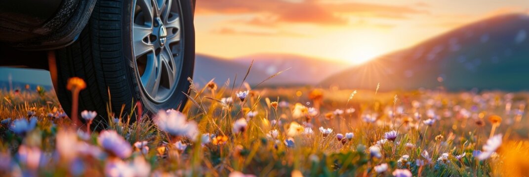 Sunset Road Trip Through Wildflower Fields, Scenic Summer Adventure with Eco-Friendly Transportation