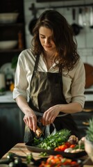 Young woman cooking in the kitchen at home. Healthy food concept.