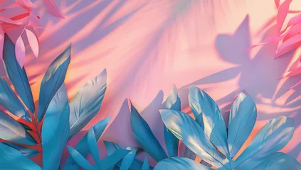 Fotobehang Harmonious blend of pink and blue hues in abstract design of stylized leaves. This vibrant and colorful digital art piece exudes calmness and depth, making it a perfect background or wallpaper. © remake