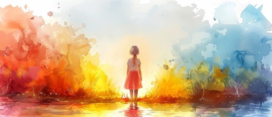 Imaginative watercolor illustration of a little girl wearing a colorful dress, great for cards and prints