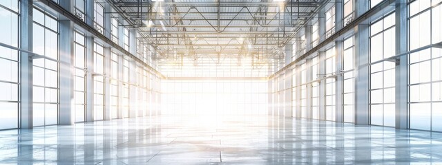 Interior of an empty industrial building featuring a robust steel structure and natural lighting from a skylight - Concept of architecture, construction, and spacious industrial design
