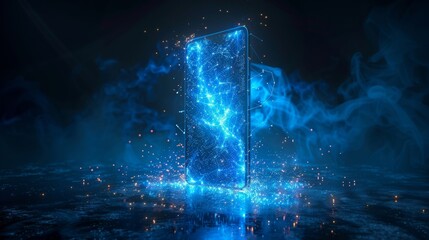 Smartphone with futuristic network connection technology big data. Blue neon background